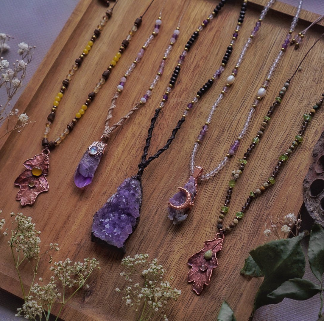 Naturhalskette - Eichenblatt mit Citrin, Achat – Bild 5