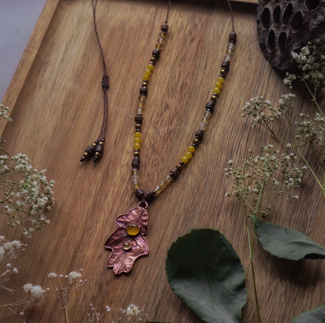 Naturhalskette - Eichenblatt mit Citrin, Achat – Bild 2