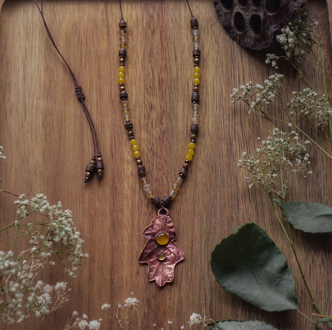 Naturhalskette - Eichenblatt mit Citrin, Achat – Bild 4