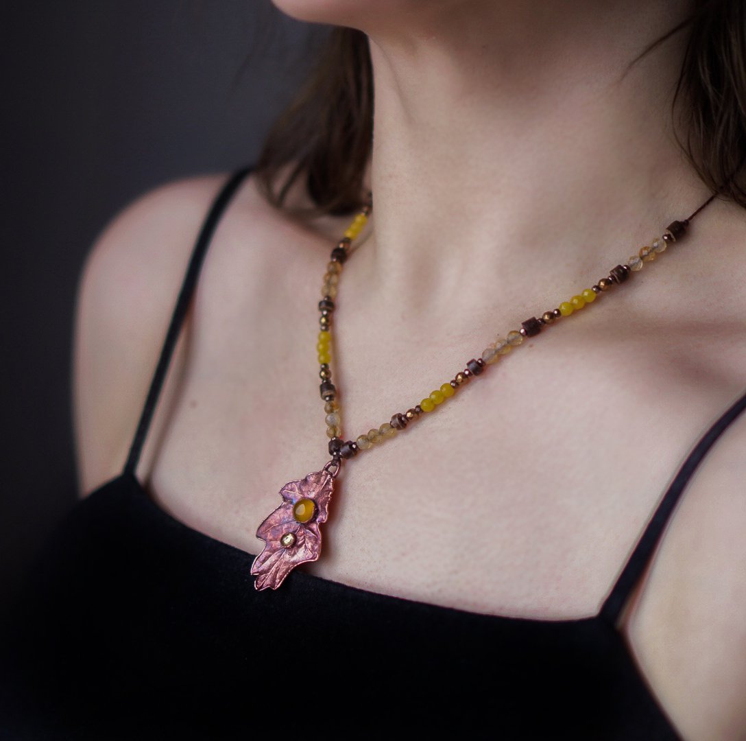 Naturhalskette - Eichenblatt mit Citrin, Achat – Bild 3