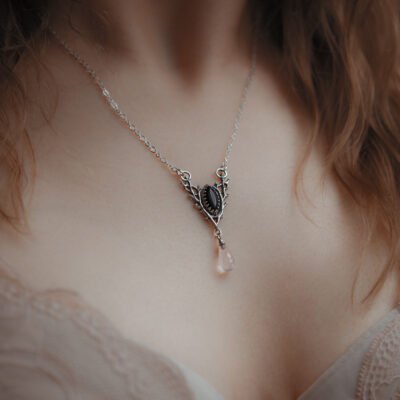 Silver necklace with obsidian and rose quartz - Forest Eye