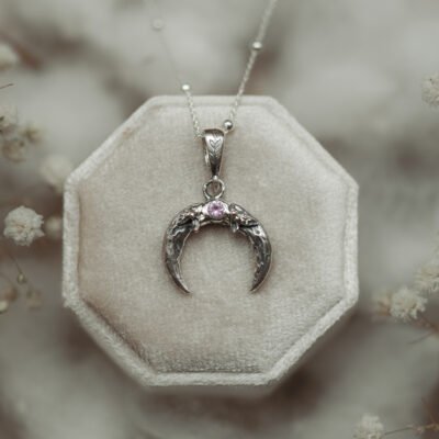 Silver moon necklace with pink sapphire - Moon Whisper