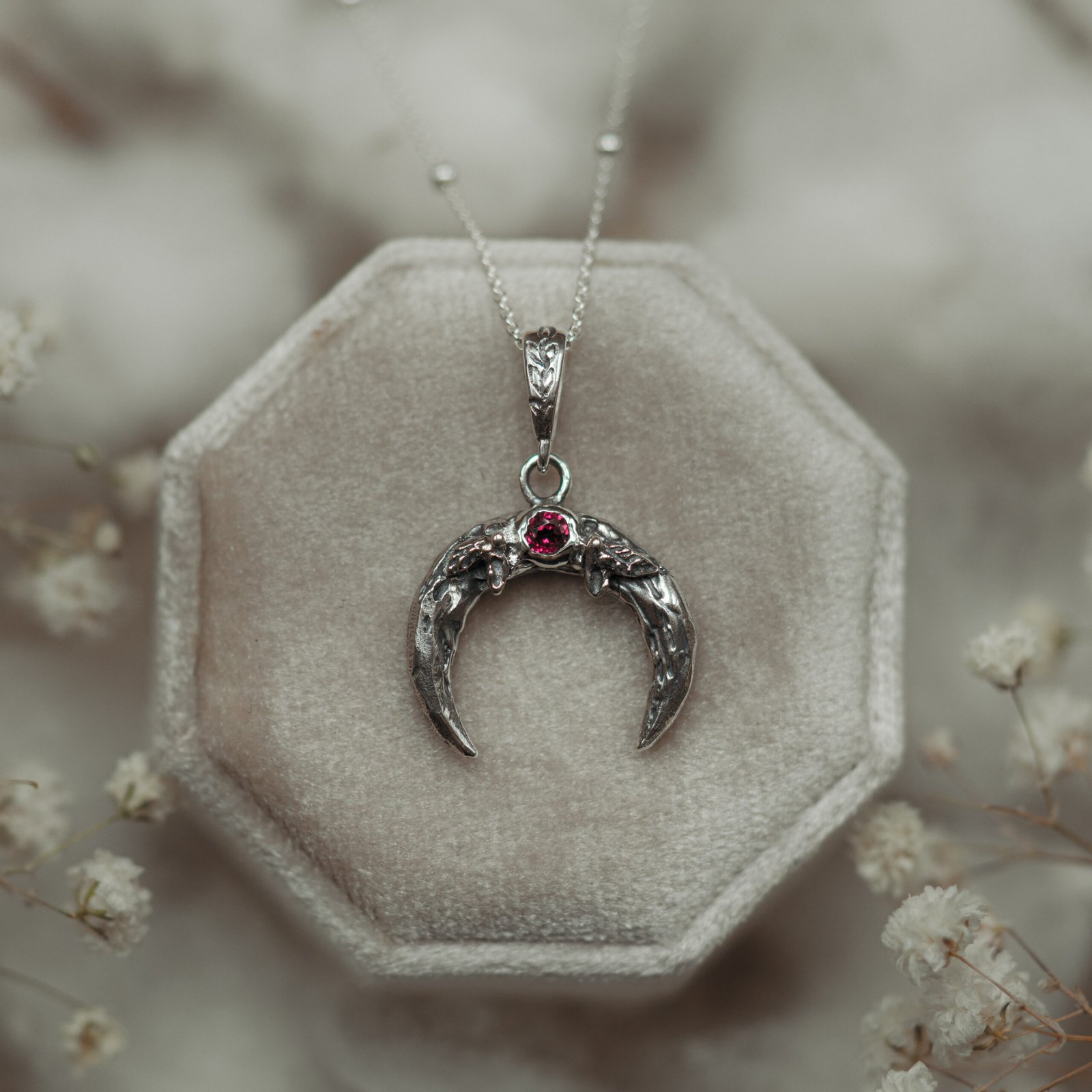 Silver moon necklace with garnet - Moon Whisper