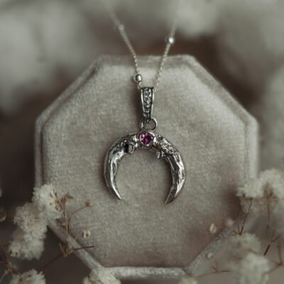 Silver moon necklace with garnet - Moon Whisper